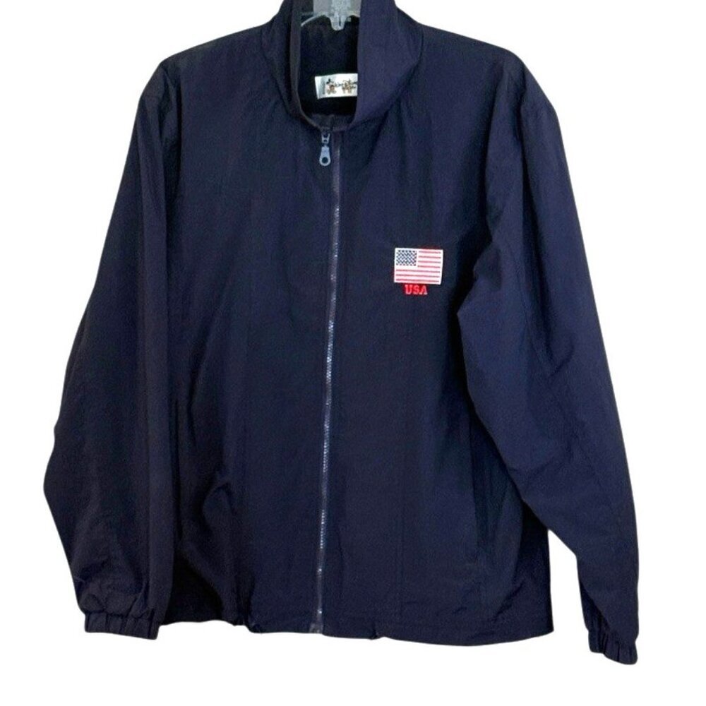 WALT DISNEY WORLD Men's "USA Flag" Navy Blue Nylon Windbreaker Jacket Size Small